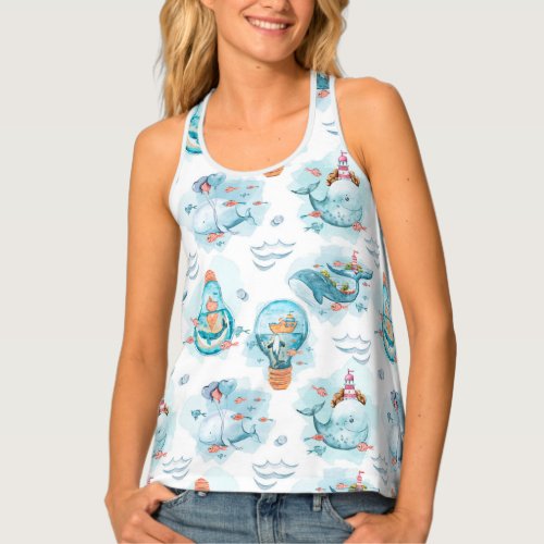 Cute Nautical Whales Watercolor Pattern Tank Top