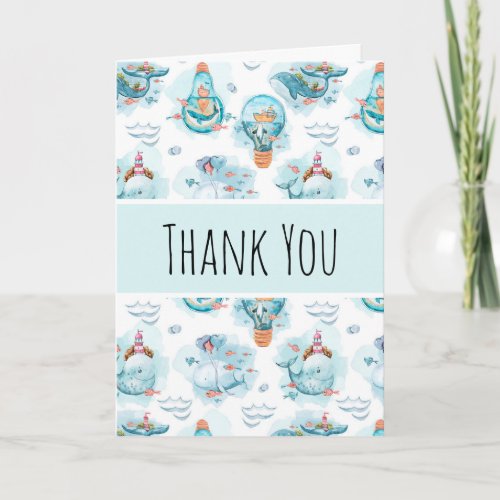 Cute Nautical Whales Watercolor Pattern Thank You Card