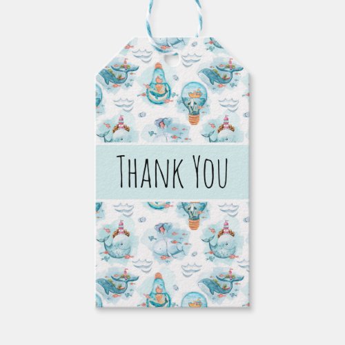 Cute Nautical Whales Watercolor Pattern Thank You Gift Tags