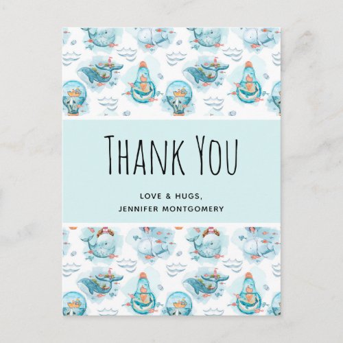 Cute Nautical Whales Watercolor Pattern Thank You Postcard