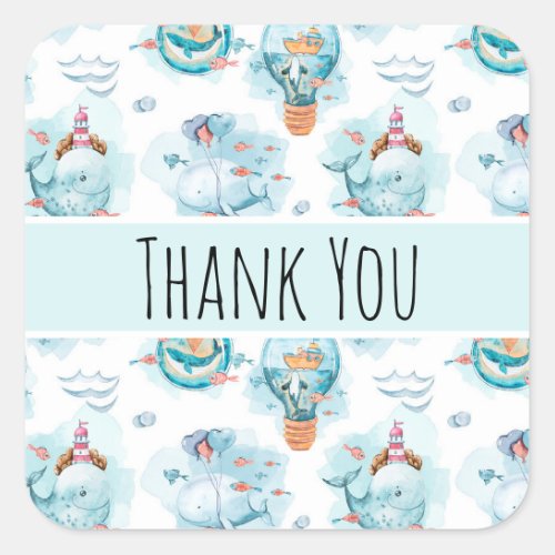 Cute Nautical Whales Watercolor Pattern Thank You Square Sticker