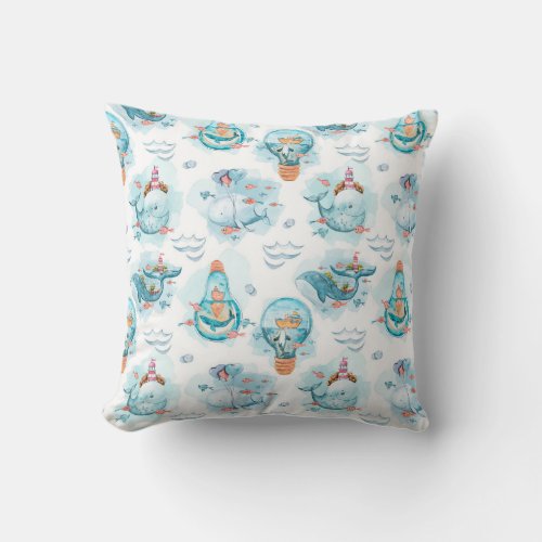 Cute Nautical Whales Watercolor Pattern Throw Pillow