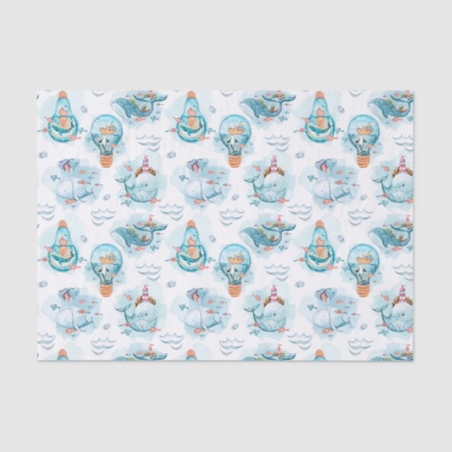 Cute Nautical Whales Watercolor Pattern Tissue Paper (Front)