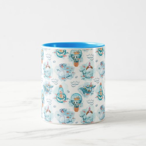 Cute Nautical Whales Watercolor Pattern Two_Tone Coffee Mug