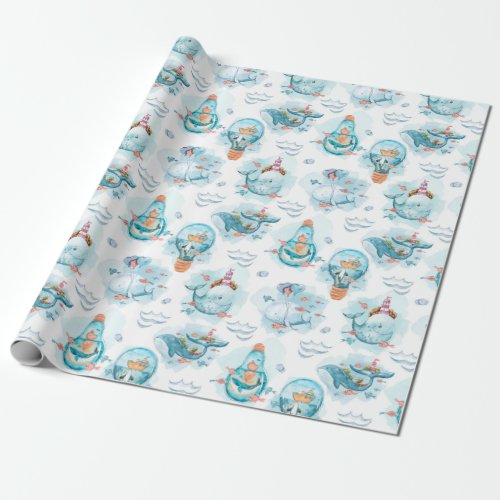 Cute Nautical Whales Watercolor Pattern Wrapping Paper