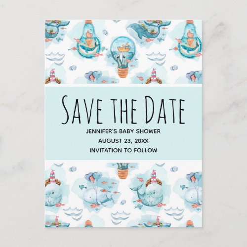 Cute Nautical Whales Watercolor Save the Date Invitation Postcard