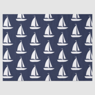 Cute Nautical White Sailboats Navy Blue Tissue Paper