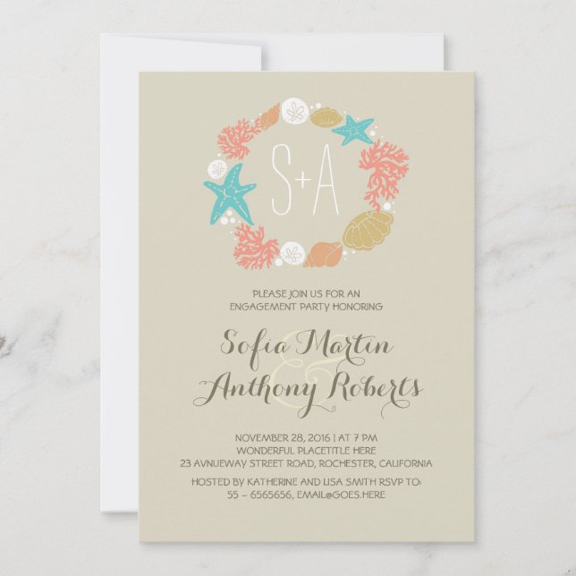 cute nautical wreath beach engagement party invitation (Front)