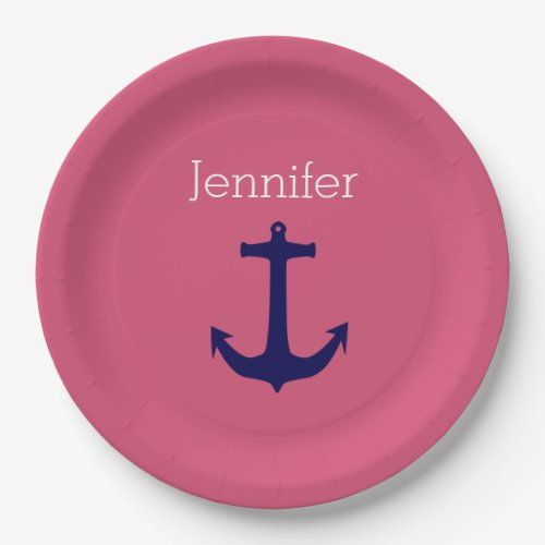 Cute Navy Anchor with Pink White Custom Name Paper Plates