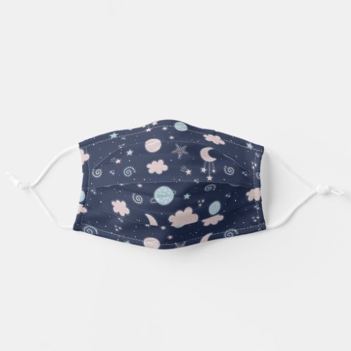 Cute Navy And Pink Night Sky Clouds Starry Moon Adult Cloth Face Mask