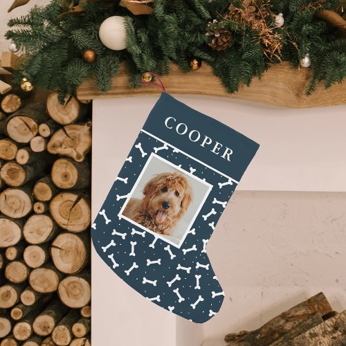 Cute Navy and White Dog Bone Pattern Dog Photo Small Christmas Stocking