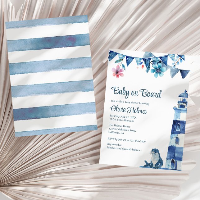 Cute Navy "Baby on Board" Baby Shower Invitation (Cute Navy "Baby on Board" Baby Shower Invitation on a sunny neutral dry palm leaf.)