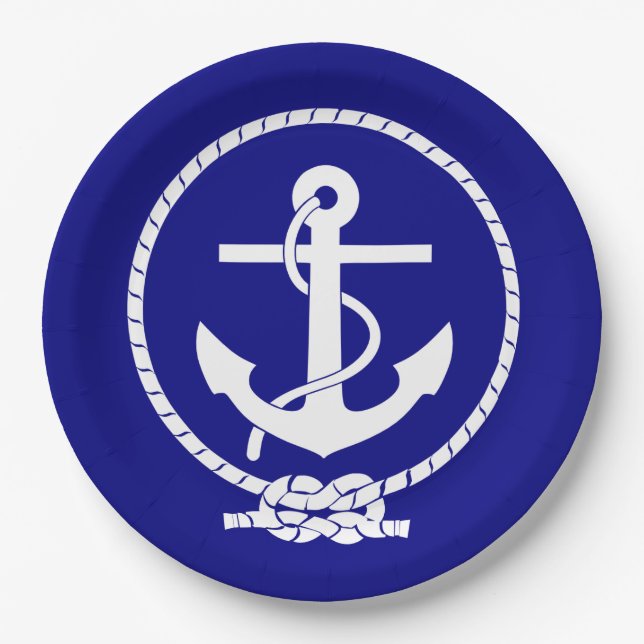 Cute Navy Blue Anchor Nautical Paper Plates (Front)