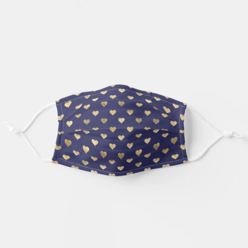 Cute Navy Blue And Gold Hearts Pattern Adult Cloth Face Mask