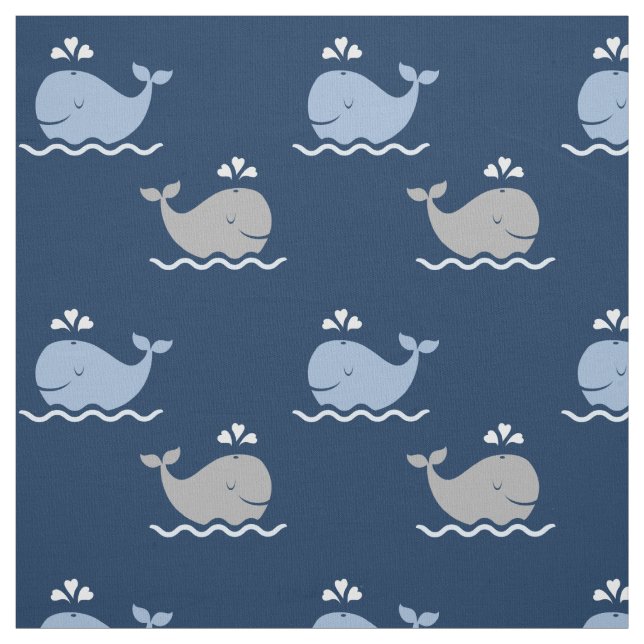 Cute Navy Blue and Gray Nautical Whales Pattern Fabric (Swatch)