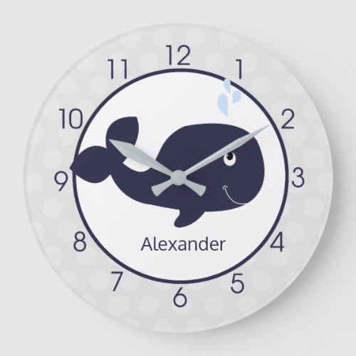 Cute Navy Blue and Gray Whale Nautical Nursery Large Clock