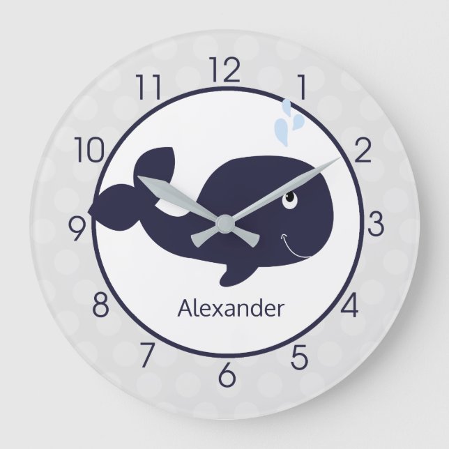 Cute Navy Blue and Gray Whale Nautical Nursery Large Clock (Front)