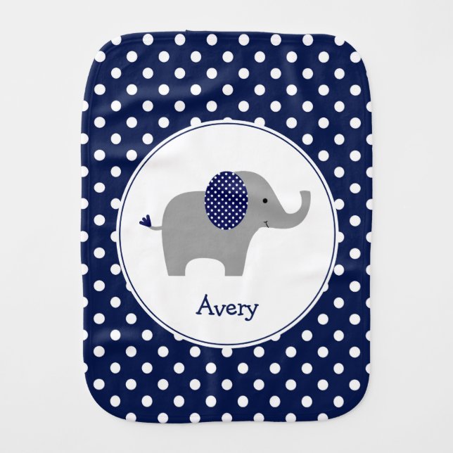 Cute Navy Blue and White Polka Dot Elephant Baby Burp Cloth (Front)