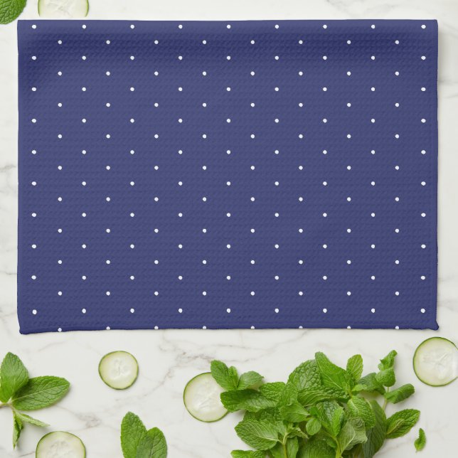 Cute navy blue and white tiny polka dots pattern kitchen towel (Folded)