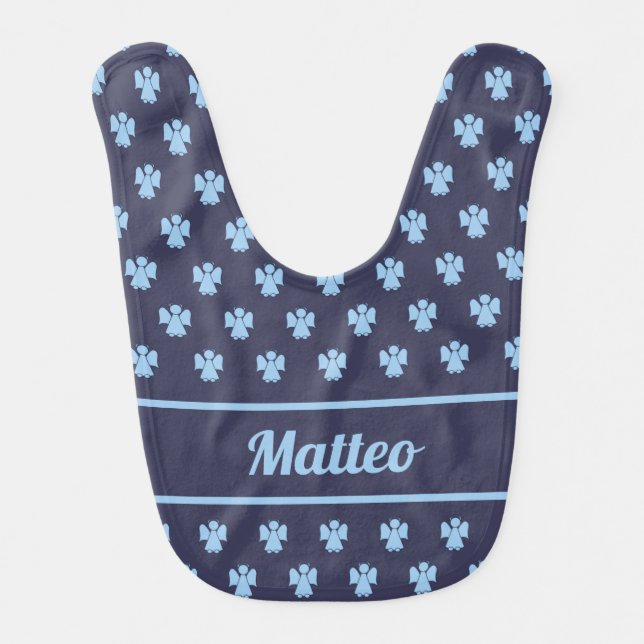 Cute Navy Blue angel pattern personalized name Baby Bib (Front)