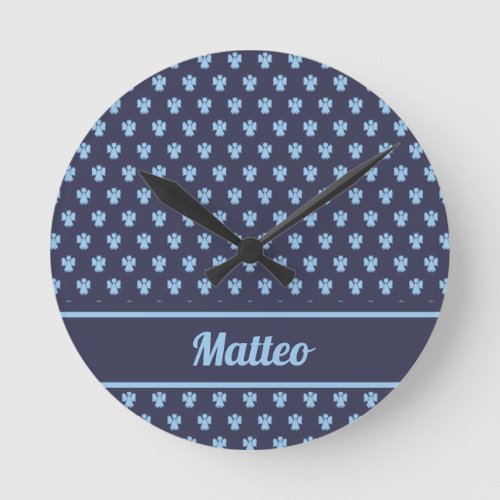 Cute navy blue angel pattern personalized name round clock
