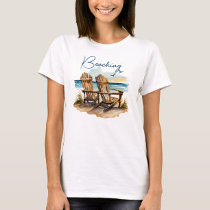 Cute Navy Blue Beach Chair Beaching Seagulls Ocean T-Shirt