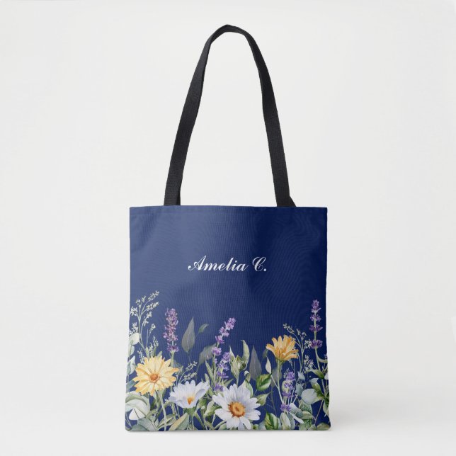 Cute Navy Blue Boho Wildflower Design Tote Bag (Front)