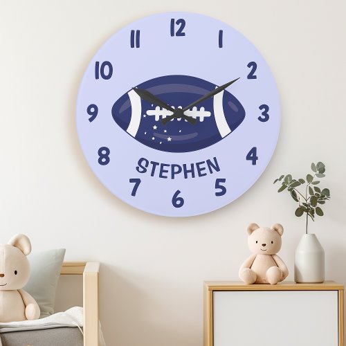Cute Navy Blue Boys Football Bedroom Wall Large Clock