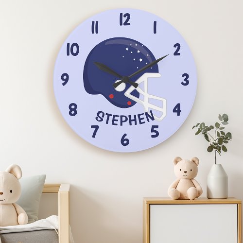 Cute Navy Blue Boys Football Helmet Bedroom Wall Large Clock