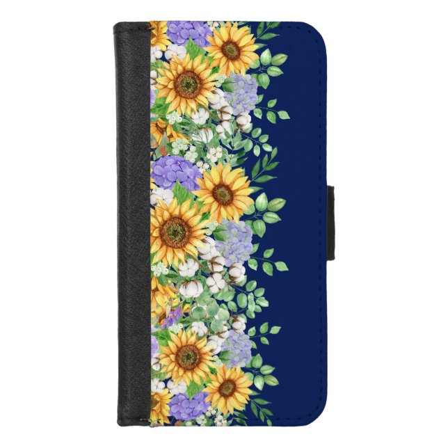 Cute Navy Blue Chic Country Wildflowers  iPhone Wallet Case (Front)