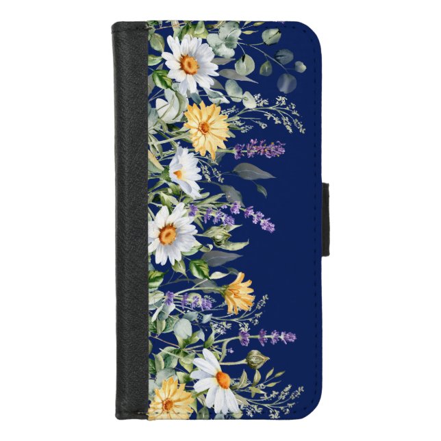 Cute Navy Blue Chic Country Wildflowers  iPhone Wallet Case (Front)
