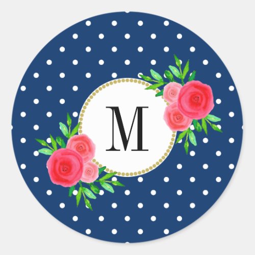 Cute Navy Blue Dots Red Watercolor Floral Monogram Classic Round Sticker