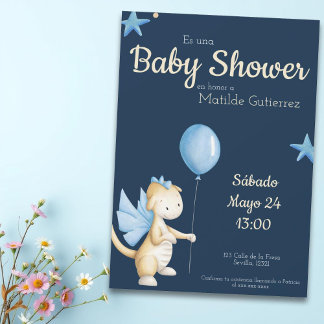Cute Navy Blue Dragon Spanish Boy Baby Shower Invitation