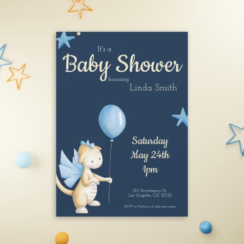 Cute Navy Blue Dragon with Balloon Baby Shower Invitation