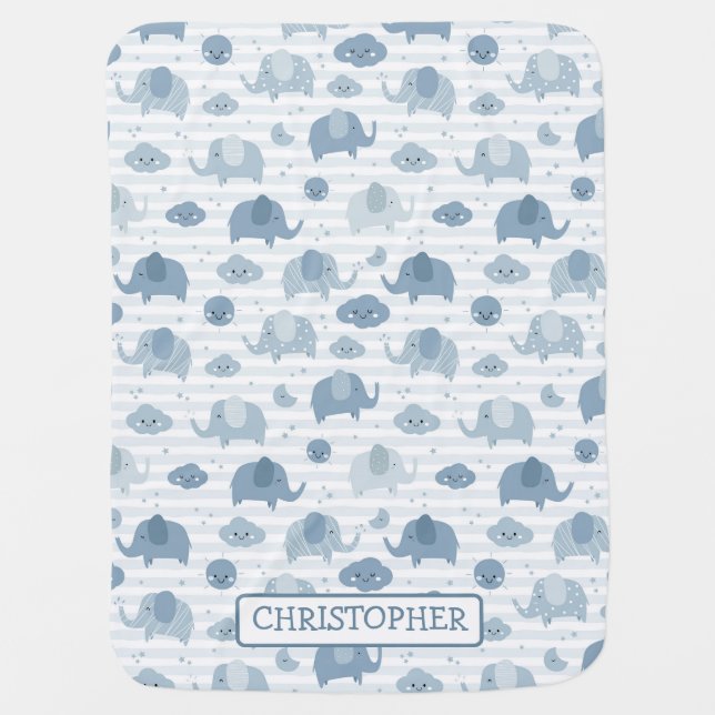 Cute navy blue elephant and clouds boy baby blanket (Front)