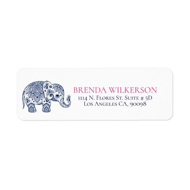 Cute Navy Blue Floral Paisley Elephant Label (Front)