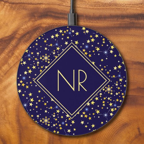 Cute Navy Blue Galaxy Stars Celestial Customizable Wireless Charger