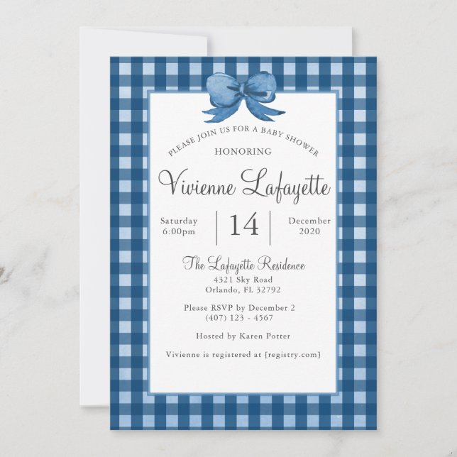 Cute Navy Blue Gingham with Bow Baby Shower Invitation (Front)