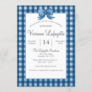 Cute Navy Blue Gingham with Bow Baby Shower Invitation