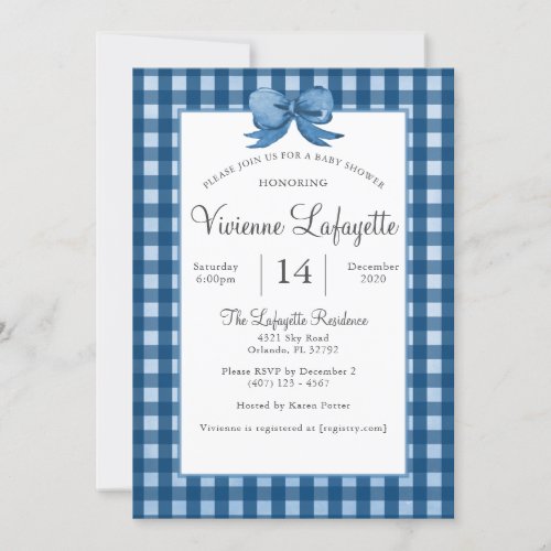 Cute Navy Blue Gingham with Bow Baby Shower Invitation