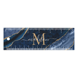 Cute Navy Blue Gold Agate Geode Feminine Monogram Ruler