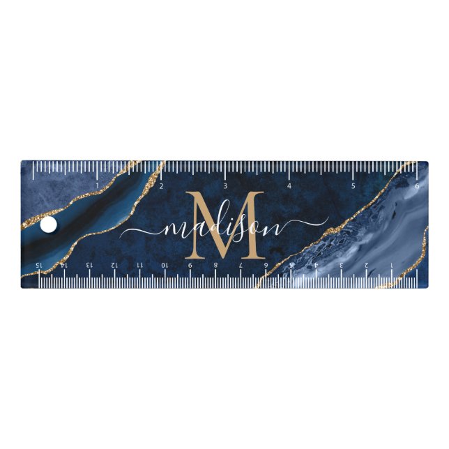 Cute Navy Blue Gold Agate Geode Feminine Monogram Ruler (Front)