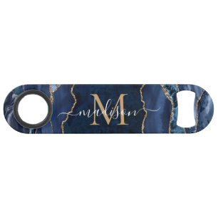 Cute Navy Blue Gold Glitter Agate Geode Monogram Bar Key