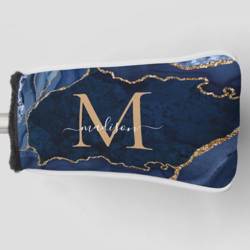 Cute Navy Blue Gold Glitter Agate Geode Monogram Golf Head Cover