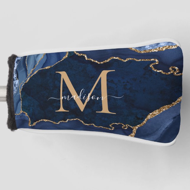 Cute Navy Blue Gold Glitter Agate Geode Monogram Golf Head Cover (Front)
