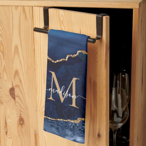 Cute Navy Blue Gold Glitter Geode Marble Monogram Kitchen Towel