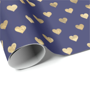 Cute Navy Blue Gold Hearts Pattern  Wrapping Paper