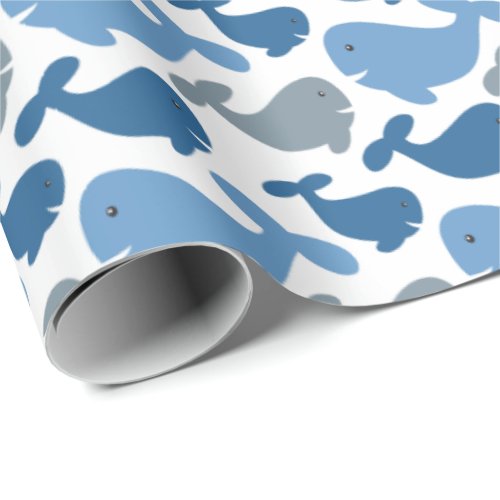 Cute Navy Blue Gray Whale Kids Wrapping Paper