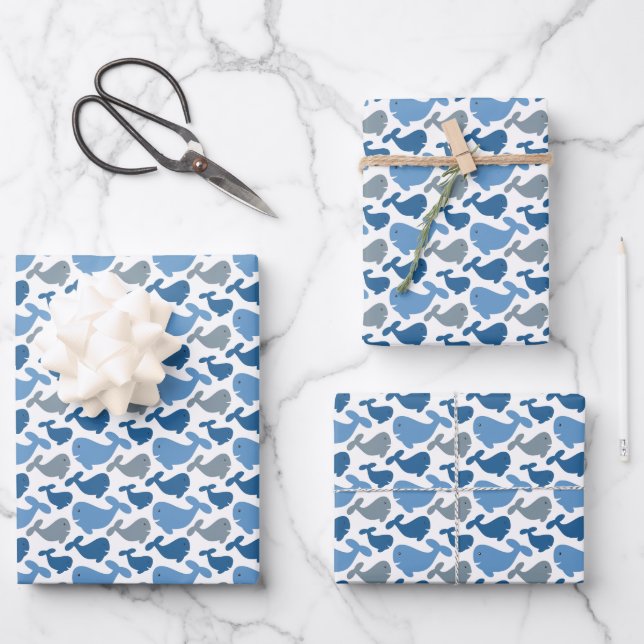 Cute Navy Blue Gray Whale Kids Wrapping Paper Sheets (Front)