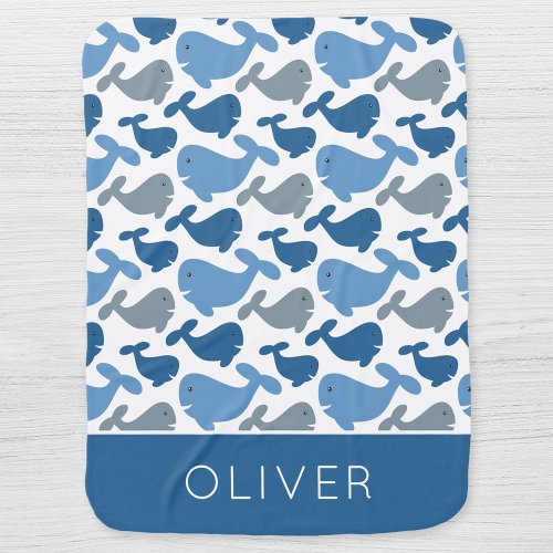 Cute Navy Blue Gray Whale Personalized Boy Baby Blanket